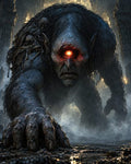 GRID THUMBNAIL — A massive one-eyed giant with glowing red eye crawls through ancient stone ruins, chains and bones on its shoulder, looming amid mist in twilight.