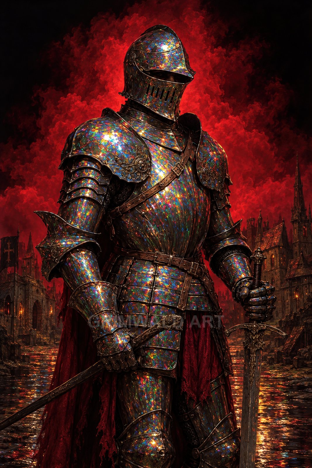 An imposing knight in iridescent opal-like armour holds a sword before a burning gothic city, red smoke rolling upward and reflections shimmering on water.