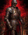 GRID THUMBNAIL — An imposing knight in iridescent opal-like armour holds a sword before a burning gothic city, red smoke rolling upward and reflections shimmering on water.