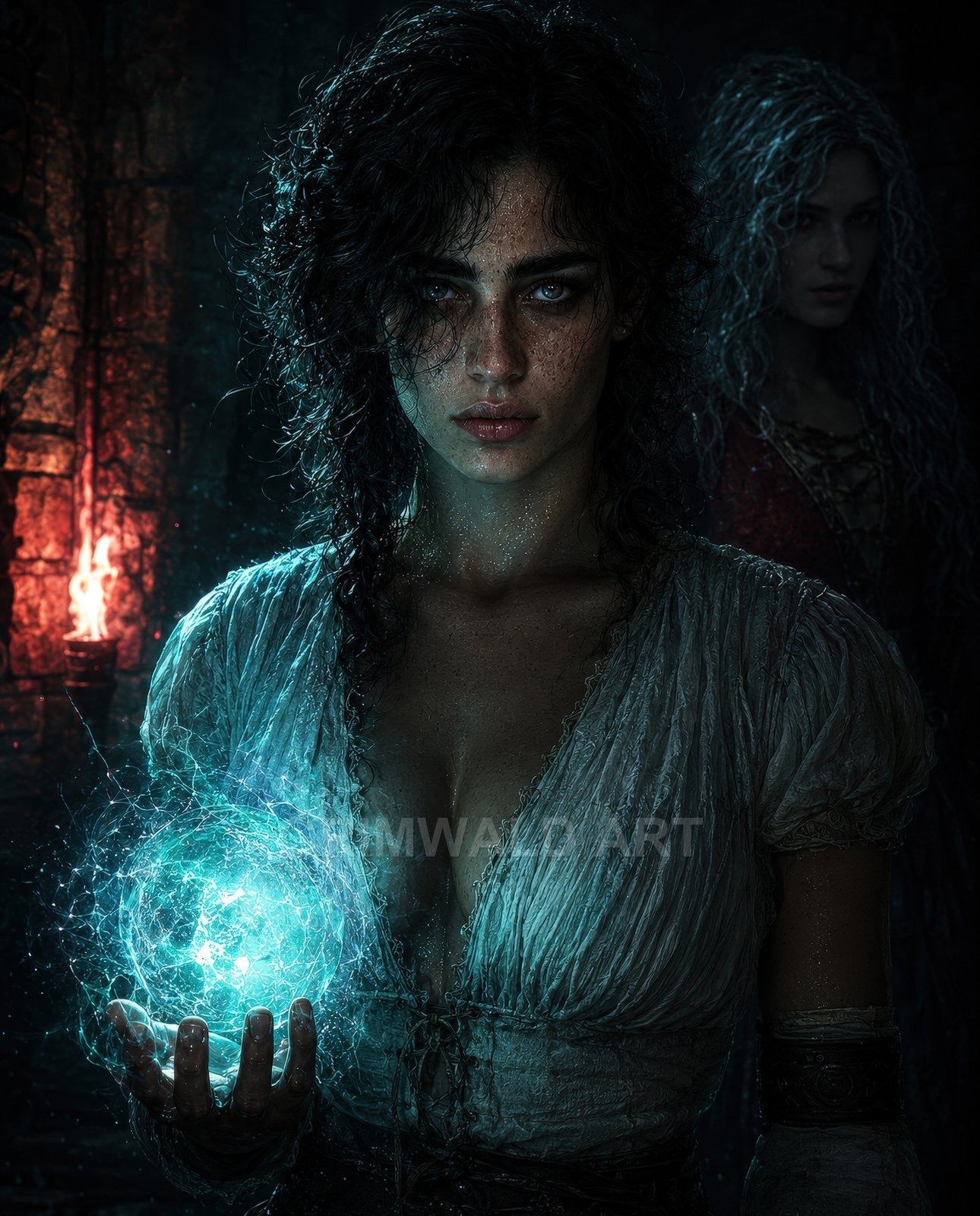 Dark-haired, freckled woman holds a glowing teal orb in a torchlit stone chamber, with a second shadowed figure behind her.