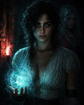 GRID THUMBNAIL — Dark-haired, freckled woman holds a glowing teal orb in a torchlit stone chamber, with a second shadowed figure behind her.