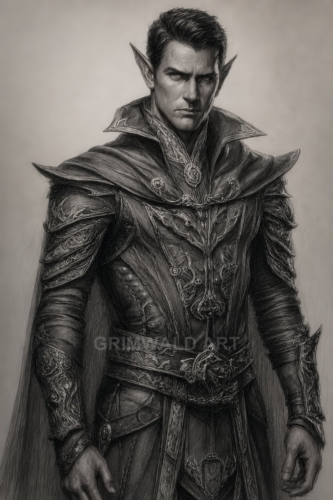 Monochrome portrait of a stern male elf in ornately engraved plate armour and cloak, pointed ears prominent, facing forward against a plain background.