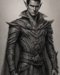 GRID THUMBNAIL — Monochrome portrait of a stern male elf in ornately engraved plate armour and cloak, pointed ears prominent, facing forward against a plain background.