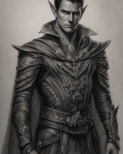 GRID THUMBNAIL — Monochrome portrait of a stern male elf in ornately engraved plate armour and cloak, pointed ears prominent, facing forward against a plain background.