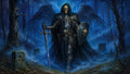 GRID THUMBNAIL — Armoured skeletal figure with dark feathered wings strides through a misty graveyard forest at night, holding a long sword and skull-emblazoned shield.