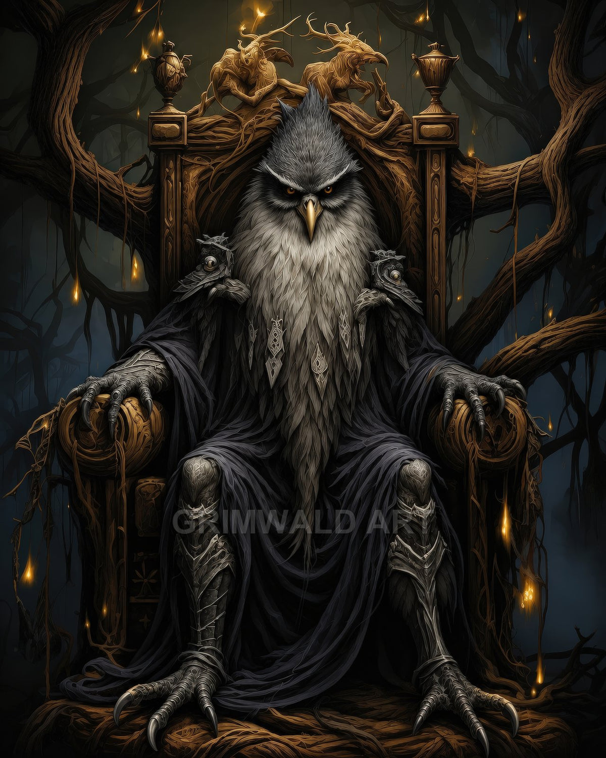 A regal owl-headed humanoid in dark robes and armour sits on an ornate wooden throne amid twisted roots and hanging golden lights at night.