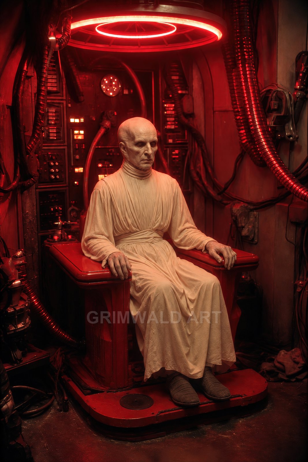 A bald robed figure sits in a red-lit industrial chair beneath a glowing neon ring, surrounded by cables, control panels, and machinery in a confined chamber.