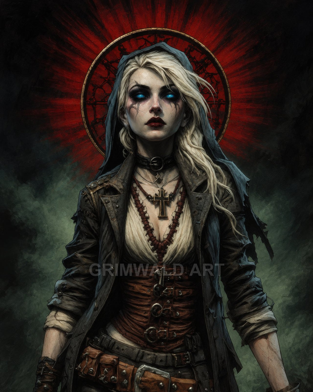 Gothic female cleric with glowing blue eyes, leather buckles and cross pendant, framed by a red halo against a dark smoky backdrop.