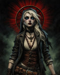 GRID THUMBNAIL — Gothic female cleric with glowing blue eyes, leather buckles and cross pendant, framed by a red halo against a dark smoky backdrop.