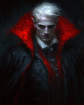 GRID THUMBNAIL — Pale, sharp-featured vampire with white hair and high crimson collar, wearing a dark cloak, stares forward against a shadowed background.
