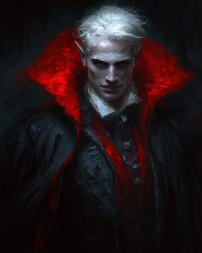 GRID THUMBNAIL — Pale, sharp-featured vampire with white hair and high crimson collar, wearing a dark cloak, stares forward against a shadowed background.