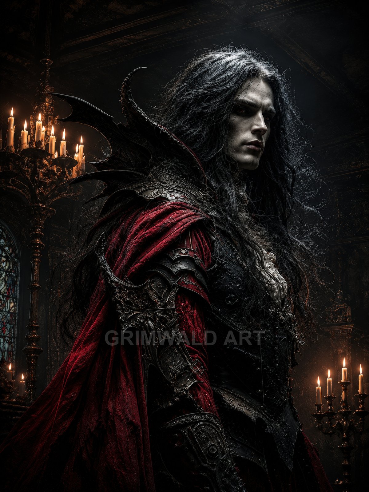 Pale vampire noble in ornate black armour and crimson cloak, standing amid candlelit gothic cathedral arches with brooding, ominous expression.