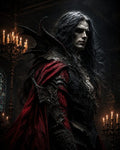 GRID THUMBNAIL — Pale vampire noble in ornate black armour and crimson cloak, standing amid candlelit gothic cathedral arches with brooding, ominous expression.