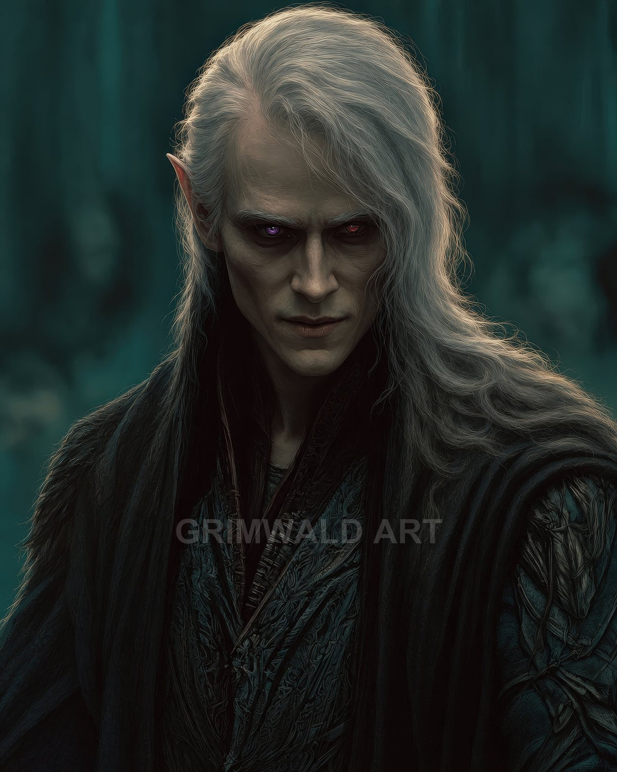 Portrait of a pale male elf with long silver hair, pointed ears, mismatched glowing eyes, and dark ornate robes before a misty forest.
