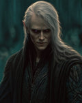 GRID THUMBNAIL — Portrait of a pale male elf with long silver hair, pointed ears, mismatched glowing eyes, and dark ornate robes before a misty forest.