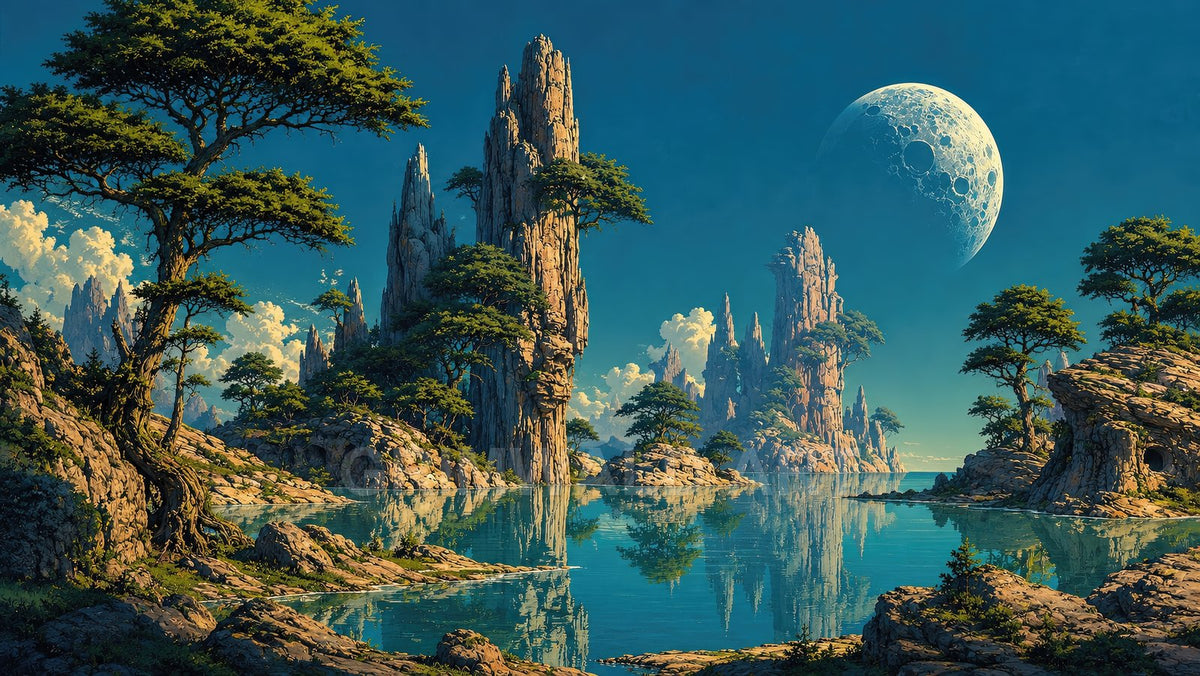Retro fantasy landscape with jagged stone spires, bonsai-like trees, a calm reflective lake, blue daytime sky and a huge cratered moon rising.