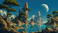 GRID THUMBNAIL — Retro fantasy landscape with jagged stone spires, bonsai-like trees, a calm reflective lake, blue daytime sky and a huge cratered moon rising.