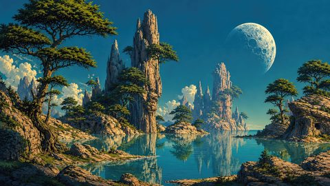 GRID THUMBNAIL — Retro fantasy landscape with jagged stone spires, bonsai-like trees, a calm reflective lake, blue daytime sky and a huge cratered moon rising.
