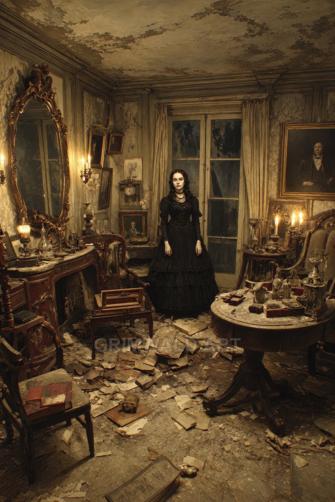 A pale woman in a black Victorian dress stands in a decaying, candlelit parlour cluttered with books and antiques, beneath peeling walls and gilded mirrors.
