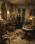 GRID THUMBNAIL — A pale woman in a black Victorian dress stands in a decaying, candlelit parlour cluttered with books and antiques, beneath peeling walls and gilded mirrors.