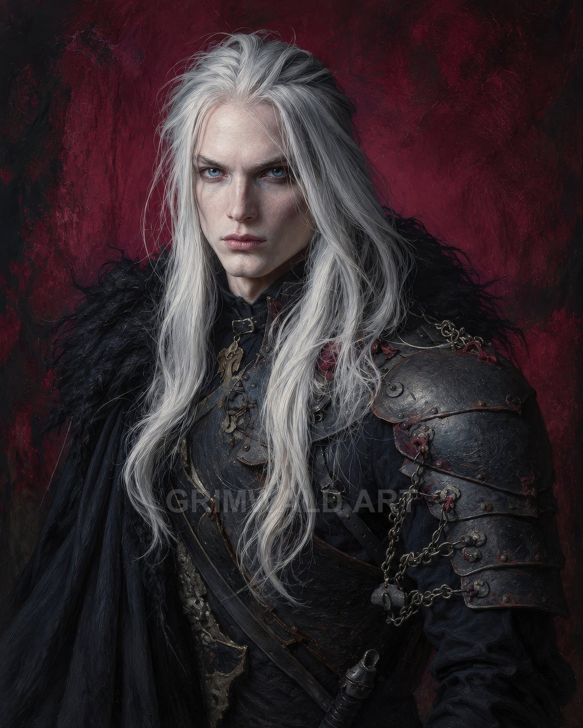 A pale, long silver-haired androgynous knight in dark, battered armour with chains and fur cloak, staring intensely against a deep red backdrop.