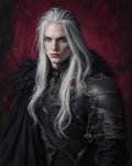 GRID THUMBNAIL — A pale, long silver-haired androgynous knight in dark, battered armour with chains and fur cloak, staring intensely against a deep red backdrop.