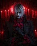GRID THUMBNAIL — An androgynous pale vampire in a black coat and crimson cravat before red candles, gloved hands clasped in a firelit gothic interior.