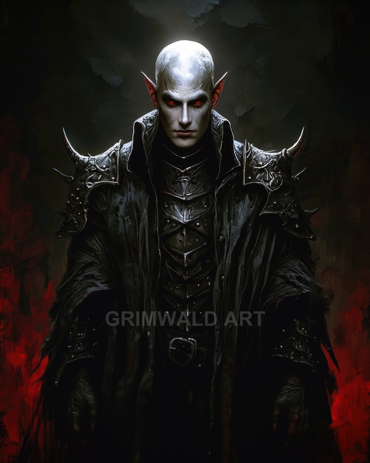 A pale, bald vampire with pointed ears and red eyes stands in dark spiked armour and cloak against a shadowy background streaked with deep crimson.