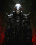 GRID THUMBNAIL — A pale, bald vampire with pointed ears and red eyes stands in dark spiked armour and cloak against a shadowy background streaked with deep crimson.