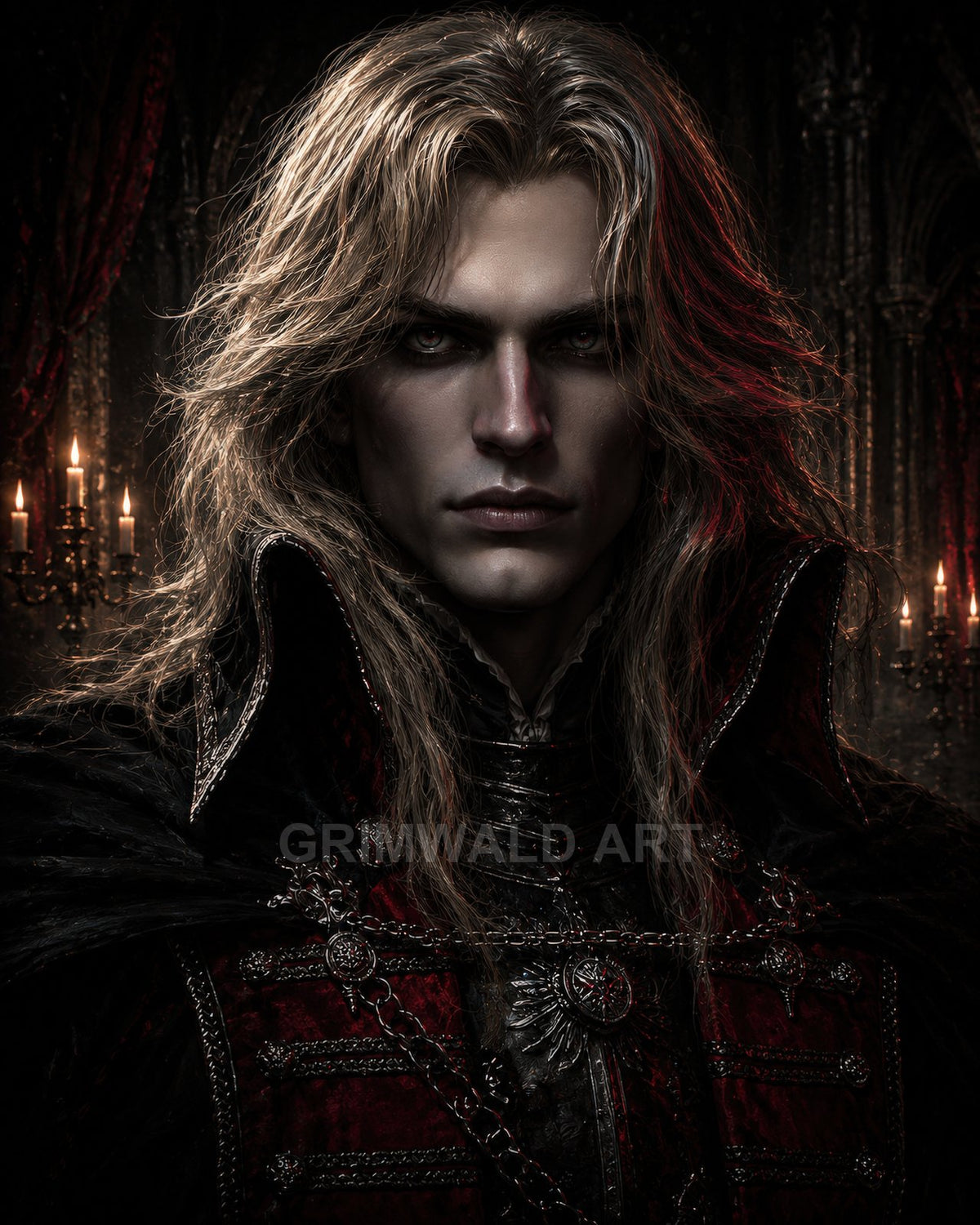 Pale, long-haired vampire in ornate red and black armour and cloak stands in a candlelit gothic hall, eyes glowing amid dramatic shadows.