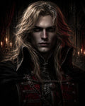 GRID THUMBNAIL — Pale, long-haired vampire in ornate red and black armour and cloak stands in a candlelit gothic hall, eyes glowing amid dramatic shadows.