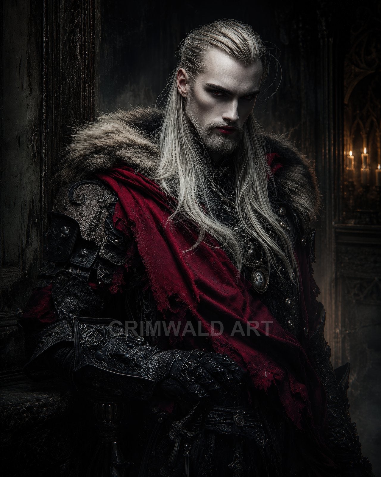 Pale long-haired male vampire in ornate black armour with fur, draped in a tattered crimson cloak, standing within a dim candlelit gothic interior.