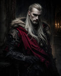 GRID THUMBNAIL — Pale long-haired male vampire in ornate black armour with fur, draped in a tattered crimson cloak, standing within a dim candlelit gothic interior.