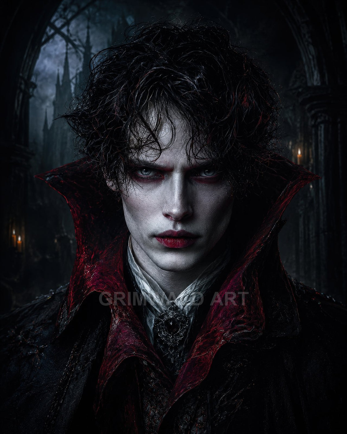 Pale, sharp-featured vampire with red lips and high crimson collar stares forward inside a shadowy gothic cathedral, candlelight glinting on a dark brooch.