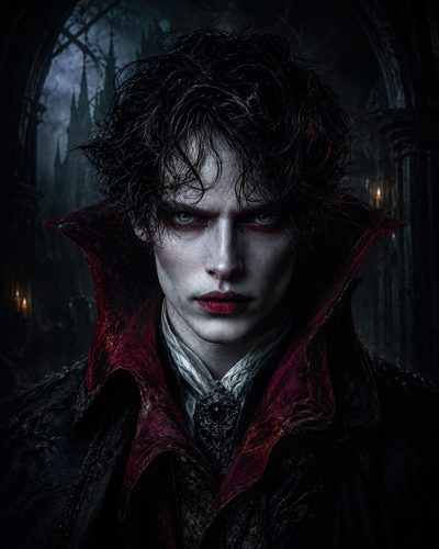 GRID THUMBNAIL — Pale, sharp-featured vampire with red lips and high crimson collar stares forward inside a shadowy gothic cathedral, candlelight glinting on a dark brooch.