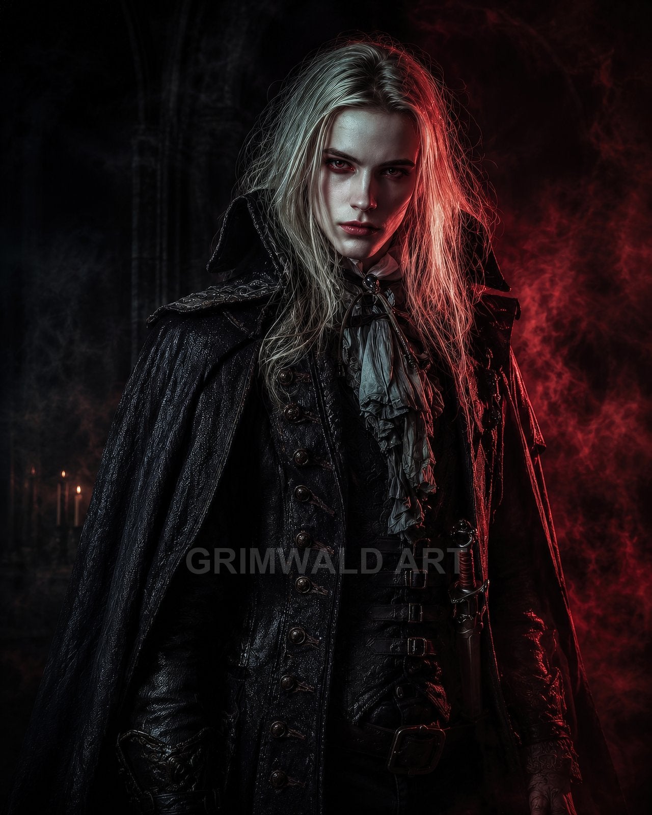 Androgynous pale vampire in an ornate black coat and cape, red-lit mist swirling, candlelit interior behind, a sheathed sword hanging at the hip.