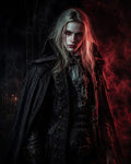 GRID THUMBNAIL — Androgynous pale vampire in an ornate black coat and cape, red-lit mist swirling, candlelit interior behind, a sheathed sword hanging at the hip.