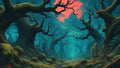 GRID THUMBNAIL — Twisted, mossy trees arch over a winding forest path beneath a vivid crimson sky opening, with deep teal mist enveloping the scene.