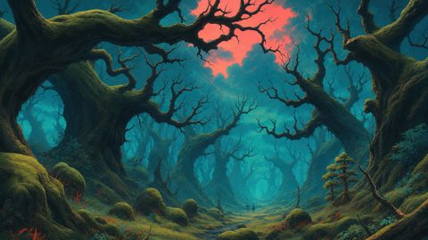 GRID THUMBNAIL — Twisted, mossy trees arch over a winding forest path beneath a vivid crimson sky opening, with deep teal mist enveloping the scene.