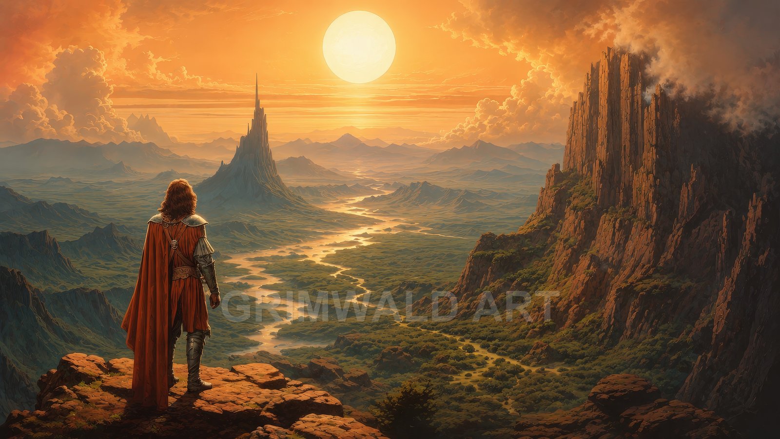 Armoured traveller in an orange cloak surveys a vast valley with winding river, distant spire and cliffs beneath a colossal setting sun.