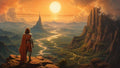 GRID THUMBNAIL — Armoured traveller in an orange cloak surveys a vast valley with winding river, distant spire and cliffs beneath a colossal setting sun.