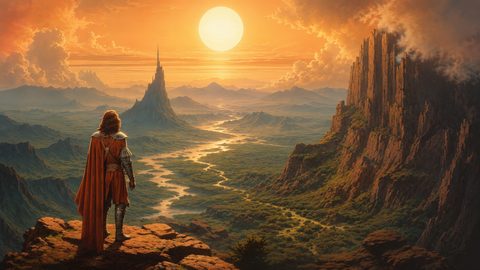 GRID THUMBNAIL — Armoured traveller in an orange cloak surveys a vast valley with winding river, distant spire and cliffs beneath a colossal setting sun.
