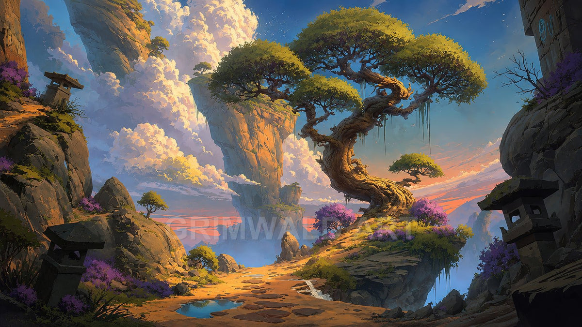 A winding mountain path passes a gnarled tree and stone lanterns, with towering rock spires and colourful sunset clouds over a tranquil fantasy valley.