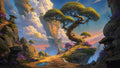 GRID THUMBNAIL — A winding mountain path passes a gnarled tree and stone lanterns, with towering rock spires and colourful sunset clouds over a tranquil fantasy valley.