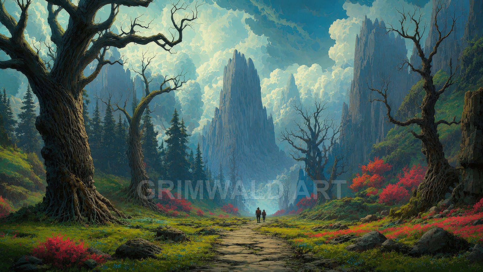 A stone path leads through a forested valley towards towering jagged mountains, framed by gnarled trees, red wildflowers and dramatic daylight clouds.