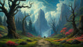 GRID THUMBNAIL — A stone path leads through a forested valley towards towering jagged mountains, framed by gnarled trees, red wildflowers and dramatic daylight clouds.