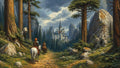 GRID THUMBNAIL — Two travellers on horseback follow a rocky forest path toward a spired castle amid dense pines and jagged mountains under dramatic, clouded daylight.