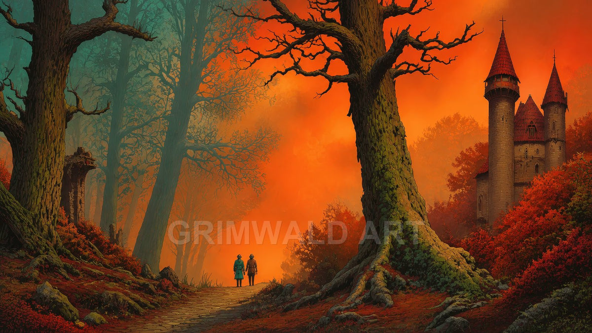 Autumnal fantasy forest with towering trees, fiery orange sunset sky, cobbled path, two small travellers, and a turreted castle among red foliage.