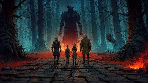 GRID THUMBNAIL — Four figures on a cracked path approach a towering horned demon in a firelit clearing within a misty blue forest of tall trees.