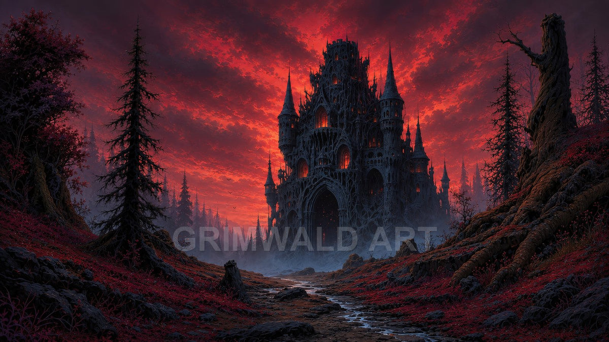 A dark gothic castle with glowing windows rises beyond a misty forest at sunset, seen from a winding stony path under a red sky.